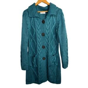 Vintage Chadwick's Chunky Cable Knit Button Cardigan Sweater Long Duster Teal M